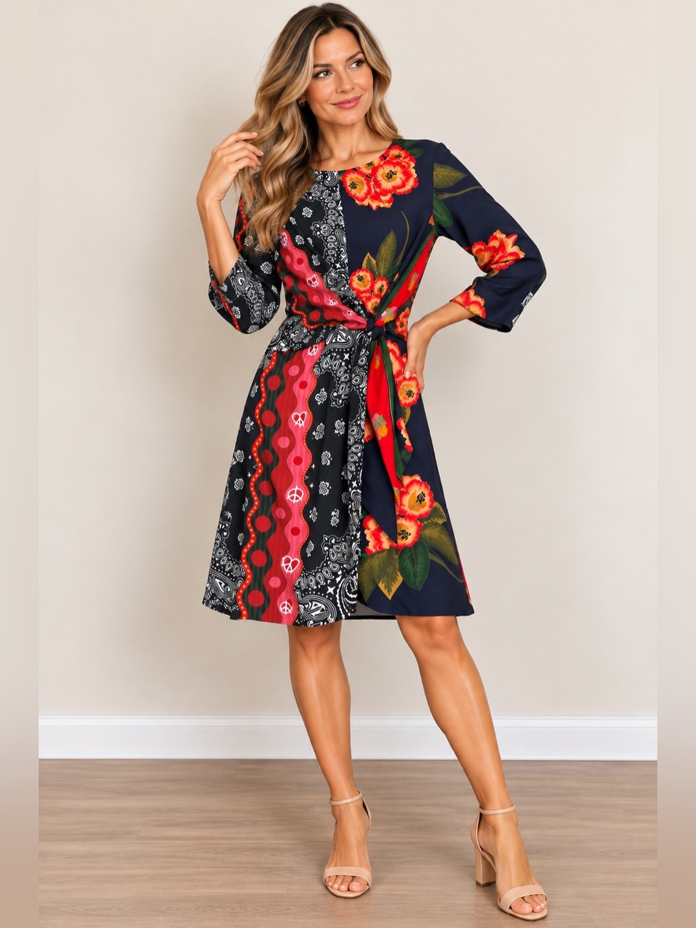Desigual Dana Mixed Print Floral Paisley Wrap Tie Waist Dress Sz Small/ 36